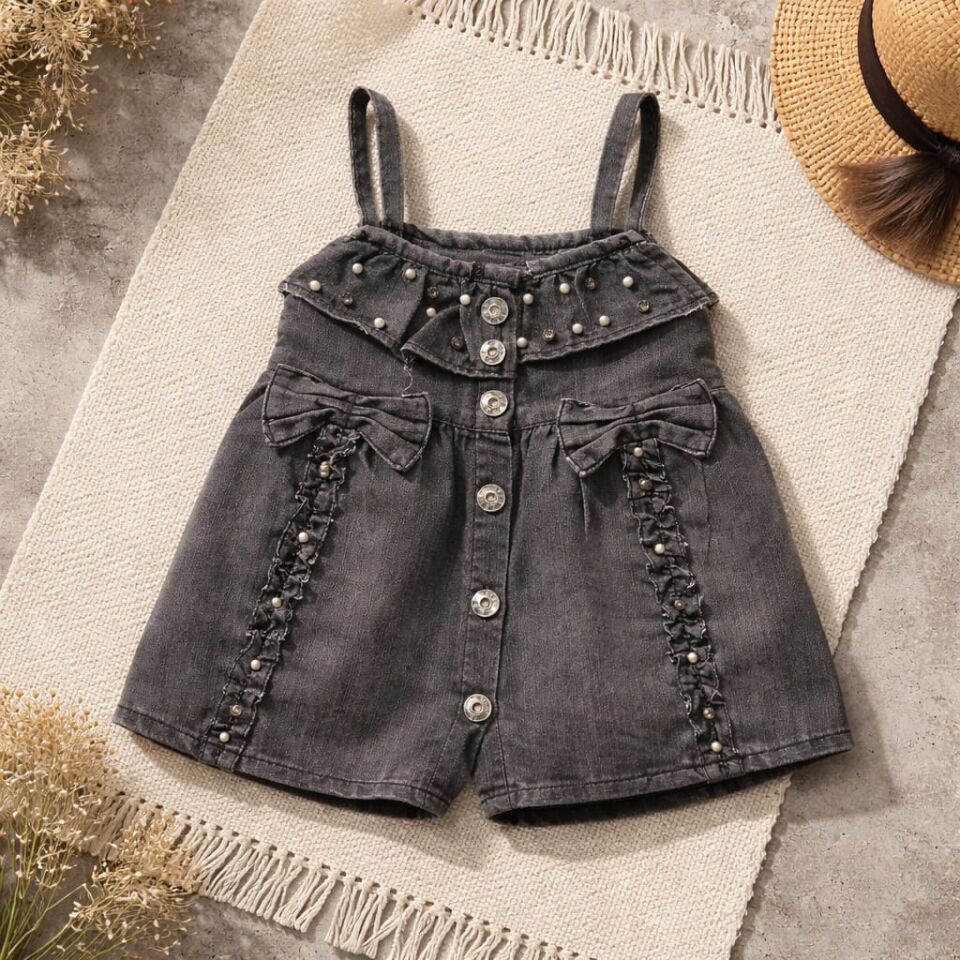 Askılı Jean Kız Çocuk Elbise – İnci ve Fiyonk Detaylı Şık Tasarım