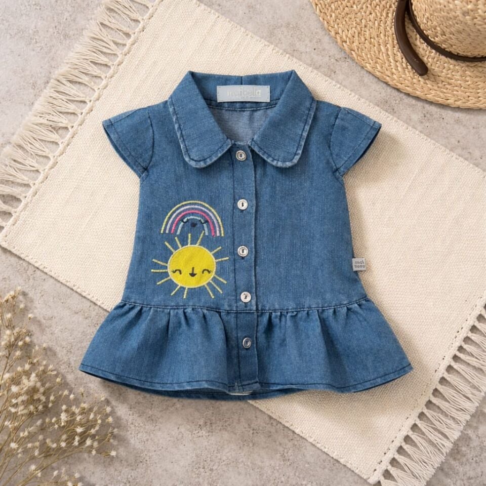 Güneş Nakışlı Jean Kız Çocuk Elbise – Yumuşak Dokulu ve Şık Tasarım
