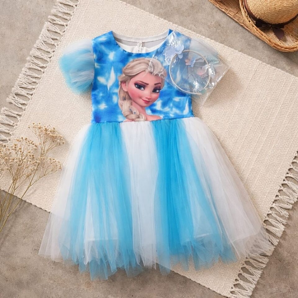 Elsa Temalı Tüllü Kız Çocuk Elbise – Taç Hediyeli Prenses Tasarım