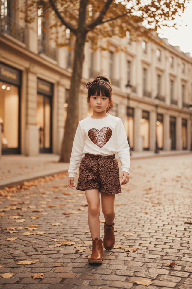 Leopar Desenli Etekli  Kız Çocuk Takım – Sweatshirt, Etek ve Taç Seti