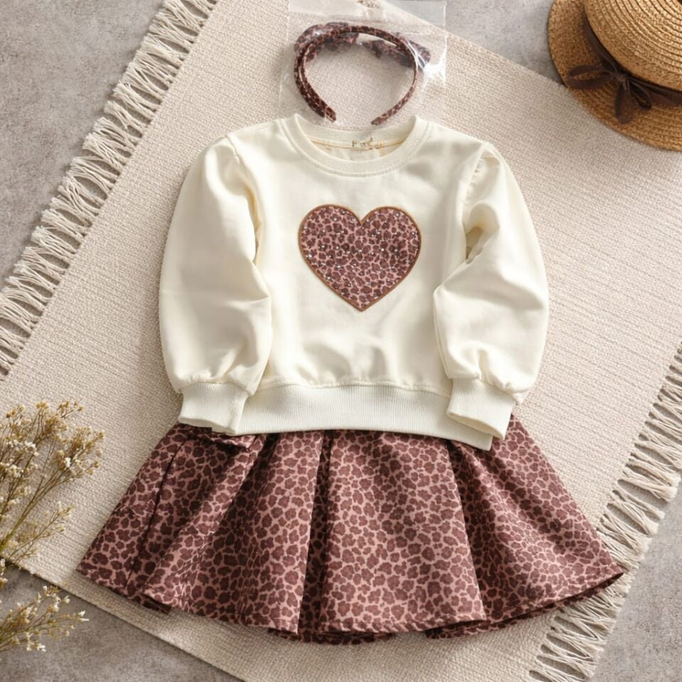 Leopar Desenli Etekli  Kız Çocuk Takım – Sweatshirt, Etek ve Taç Seti