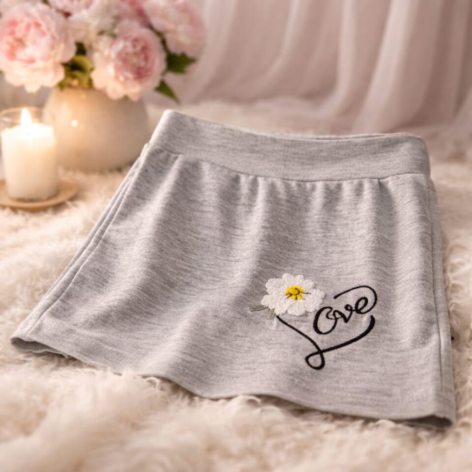 Love Nakışlı Gri Kız Çocuk Şort Etek