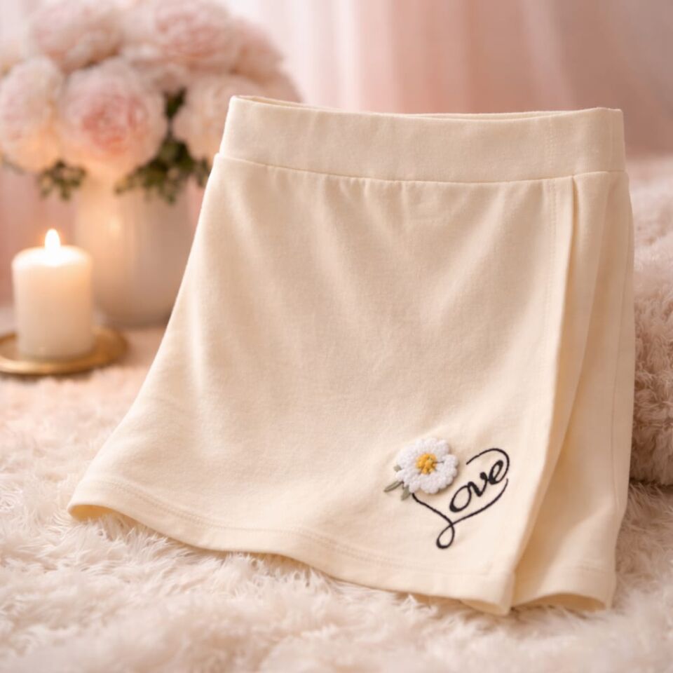 Ekru Love Nakışlı Kız Çocuk Şort Etek – Şık ve Konforlu Tasarım