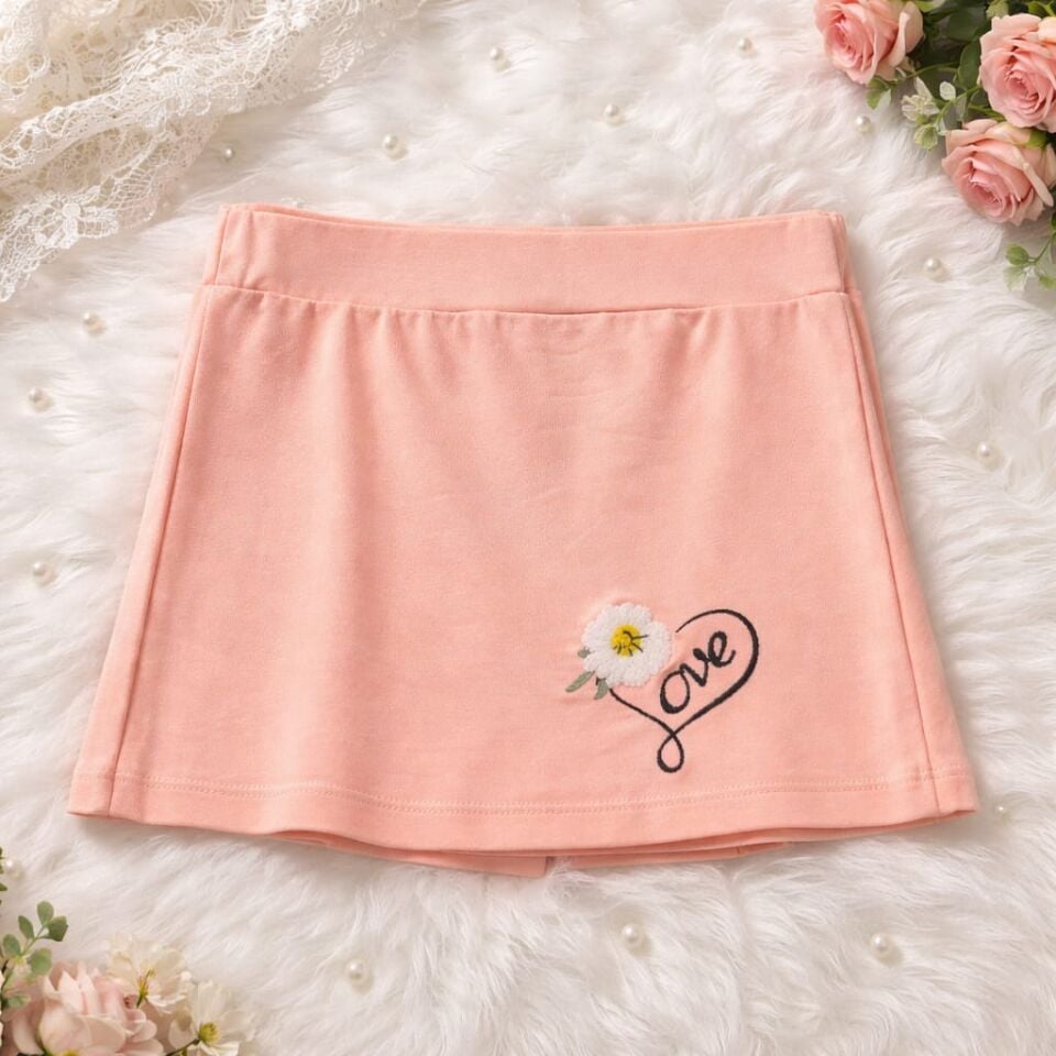 Somon Renk Love Nakışlı Kız Çocuk Şort Etek – Zarif ve Konforlu Tasarım