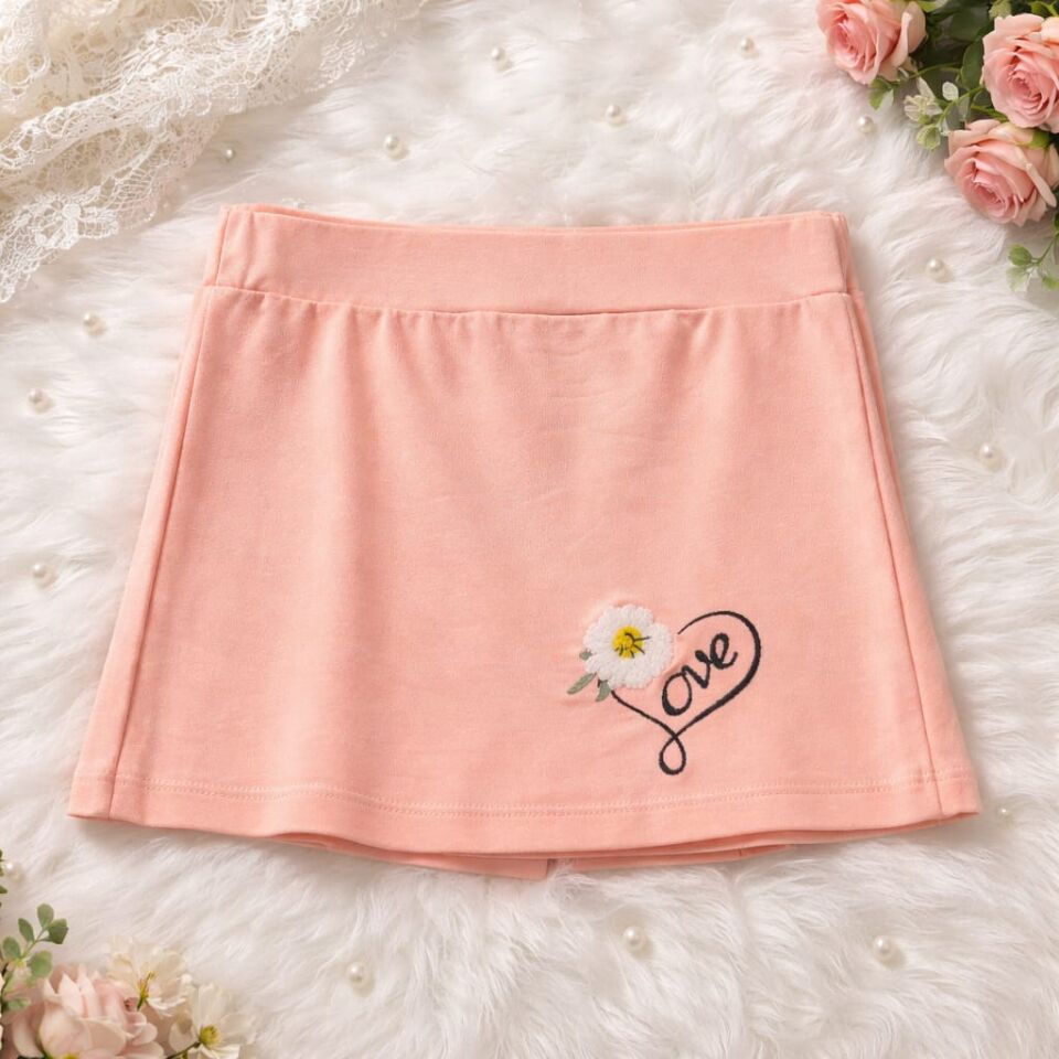Somon Renk Love Nakışlı Kız Çocuk Şort Etek – Zarif ve Konforlu Tasarım