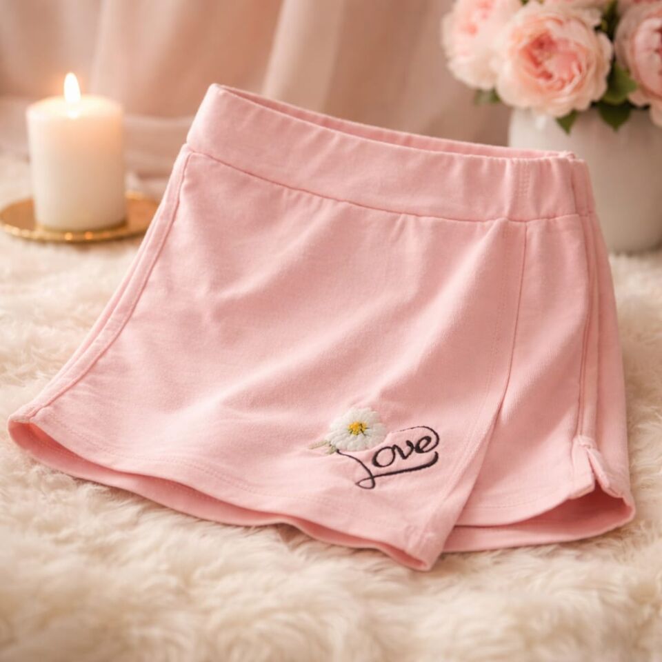 Açık Pembe Love Nakışlı Kız Çocuk Şort Etek