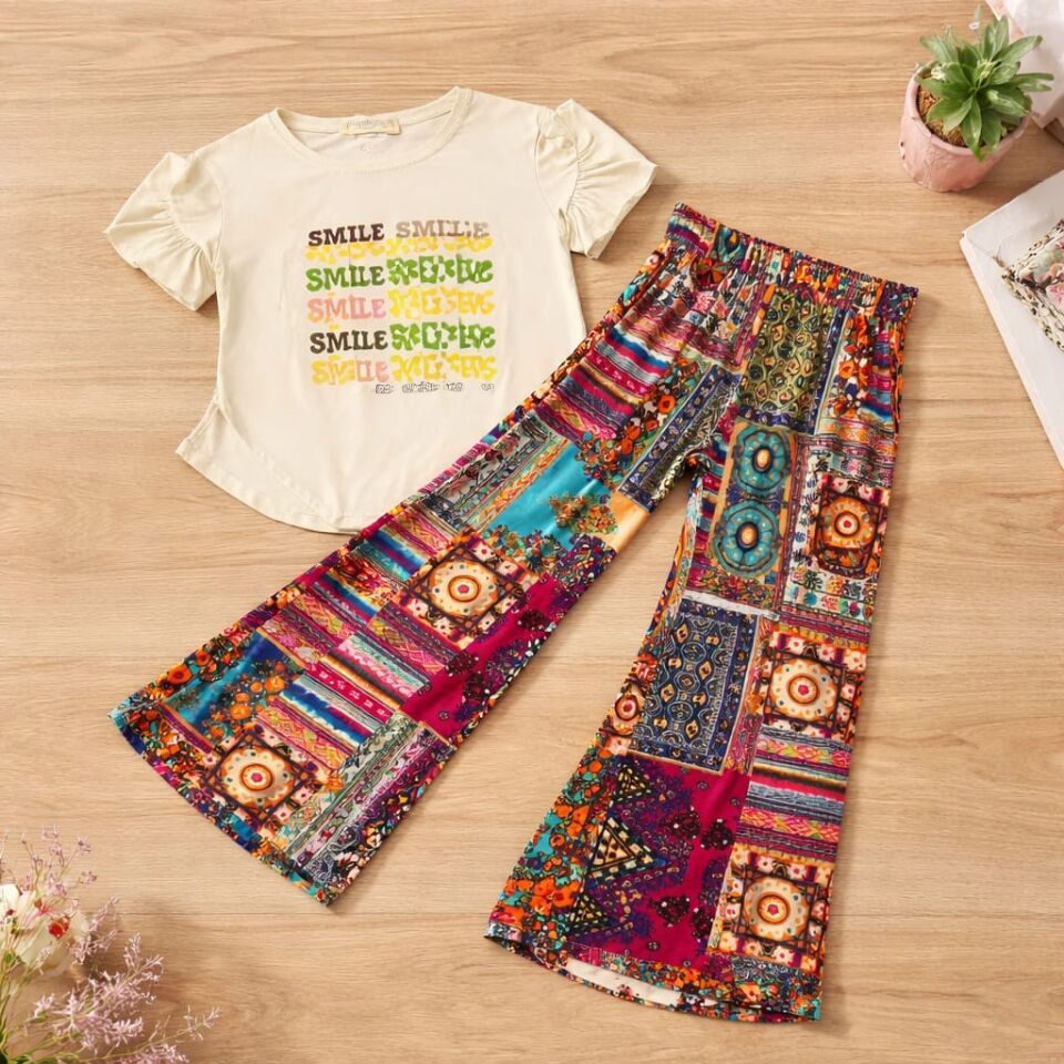 Boho Kız Çocuk Yazlık Takım „Smile Colors“ – Tişört ve Palazzo Pantolon