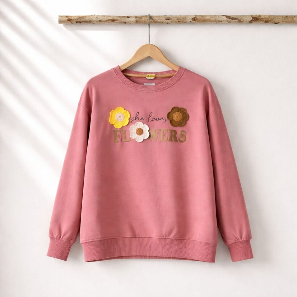 Kız Çocuk Gül Kurusu Çiçek Aplikeli Sweatshirt – Bisiklet Yaka Uzun Kollu