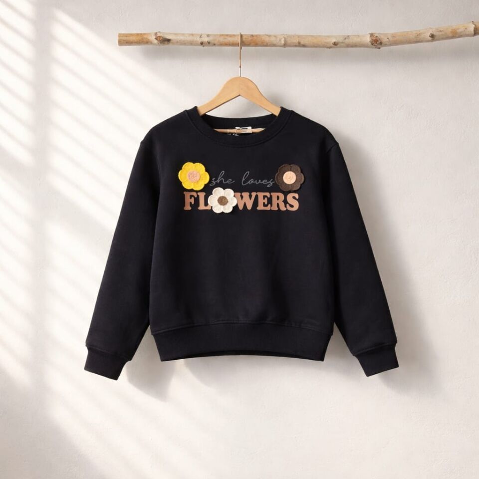 Kız Çocuk Siyah Çiçek Detaylı Sweatshirt – Uzun Kollu Günlük Model