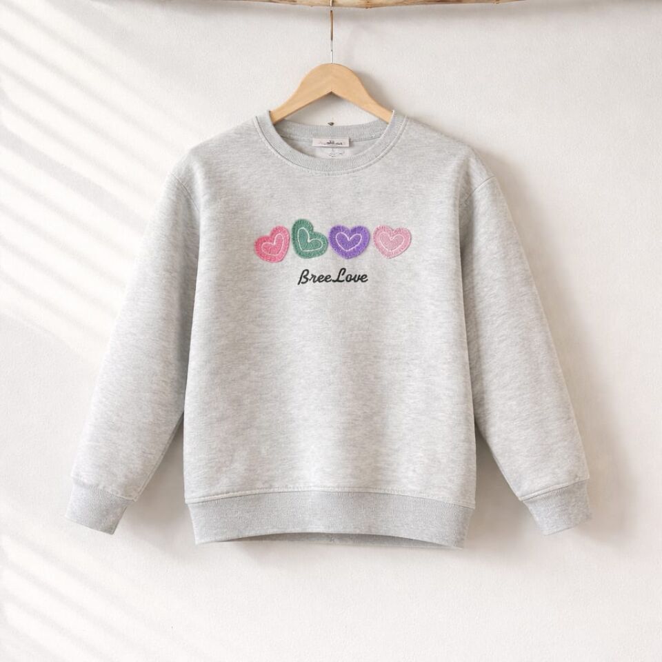 Kız Çocuk Gri Kalp Desenli Sweatshirt – Uzun Kollu Bisiklet Yaka