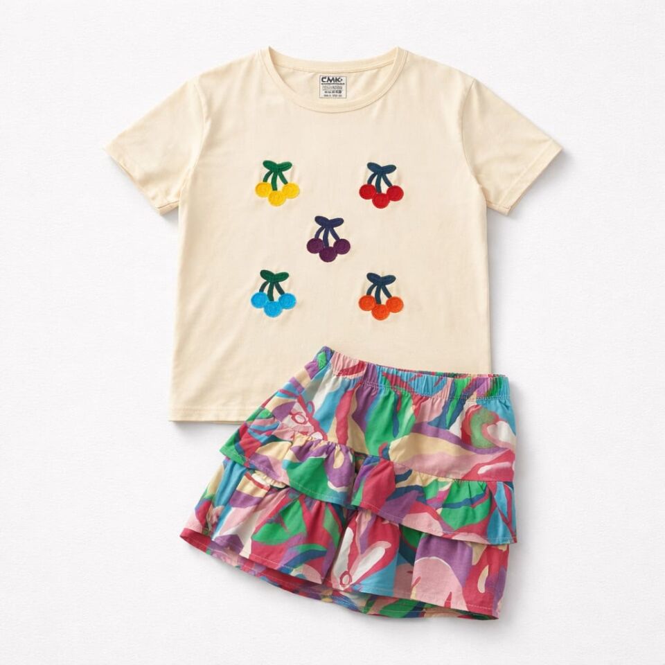 Kız Çocuk Kiraz Nakışlı Tişört & Desenli Etek 2’li Takım