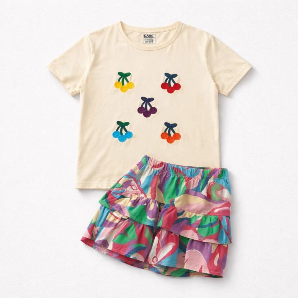 Kız Çocuk Kiraz Nakışlı Tişört & Desenli Etek 2’li Takım