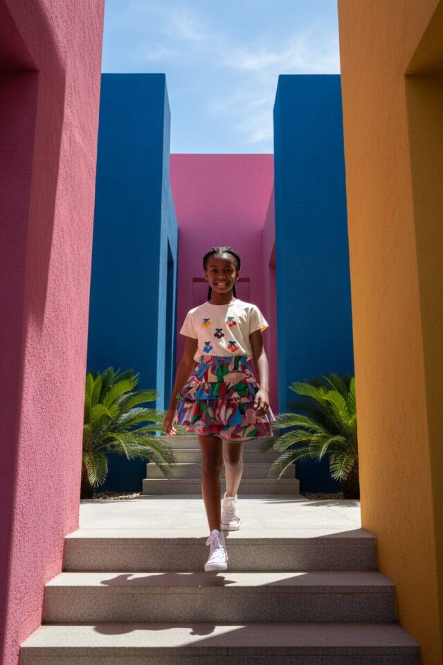 Kız Çocuk Kiraz Nakışlı Tişört & Desenli Etek 2’li Takım