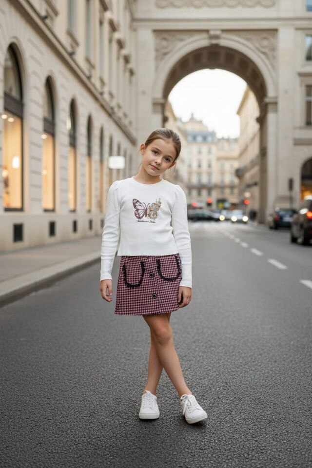 Kız Çocuk Kelebek Baskılı Bluz & Desenli Etek 2’li Takım