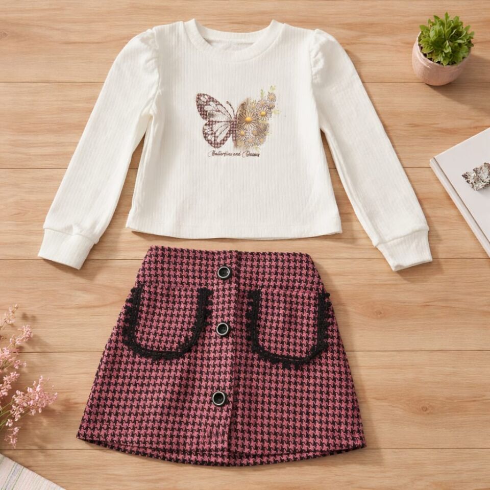 Kız Çocuk Kelebek Baskılı Bluz & Desenli Etek 2’li Takım