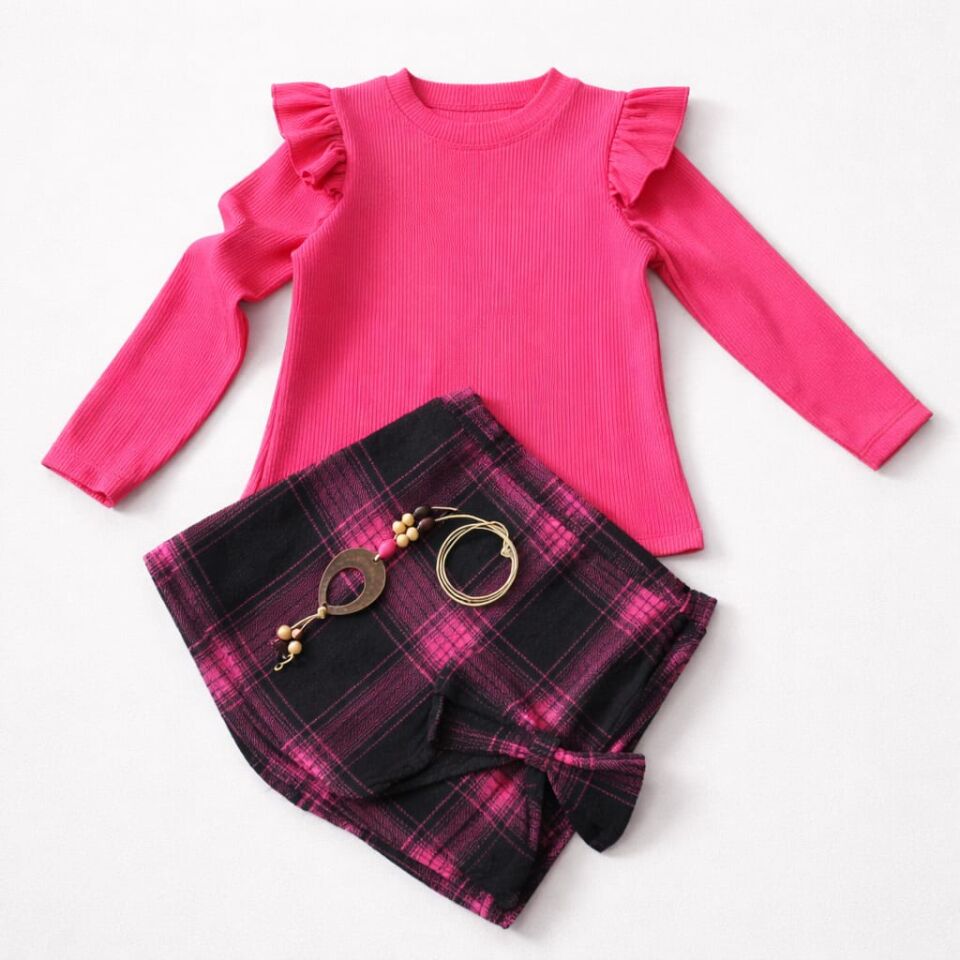 Kız Çocuk Fuşya Bluz & Ekose Şort Etek Kolye Detaylı 3’lü Takım