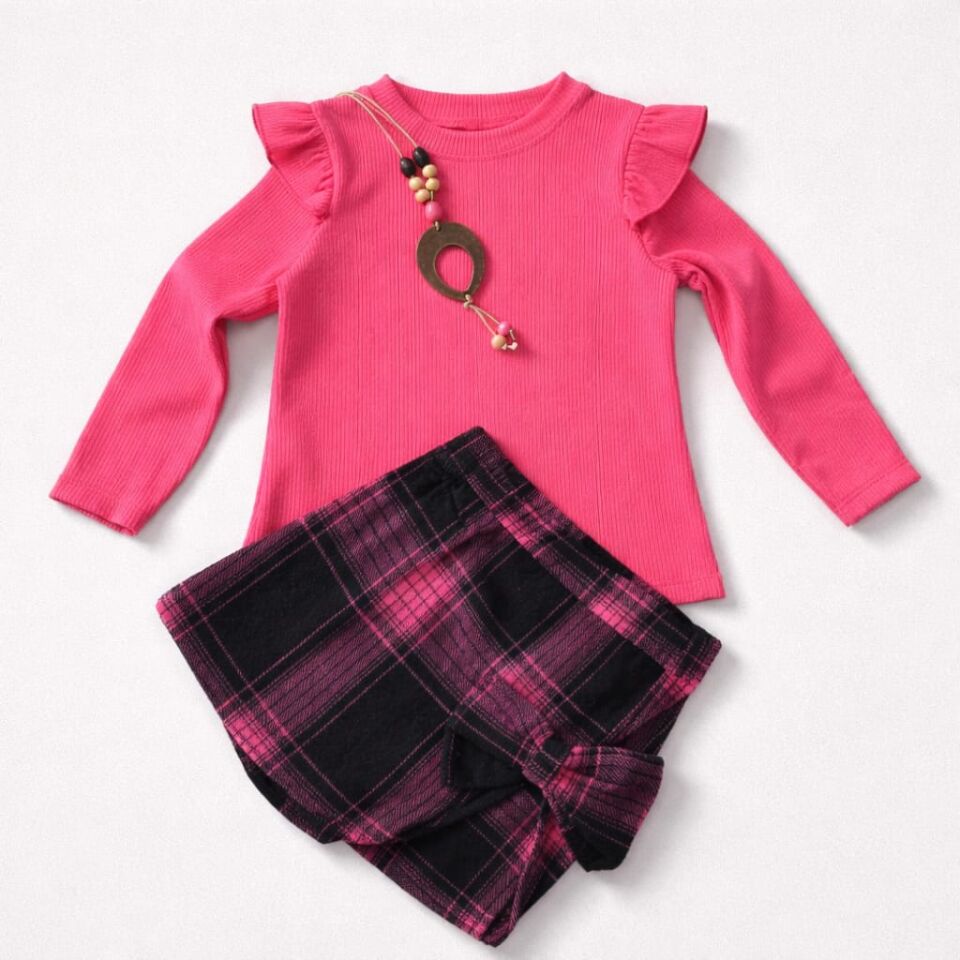 Kız Çocuk Fuşya Bluz & Ekose Şort Etek Kolye Detaylı 3’lü Takım