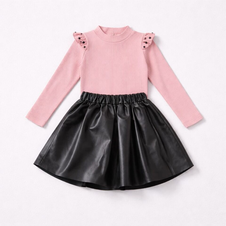 Kız Çocuk Pembe Bluz & Siyah Deri Görünümlü Etek 2’li Takım