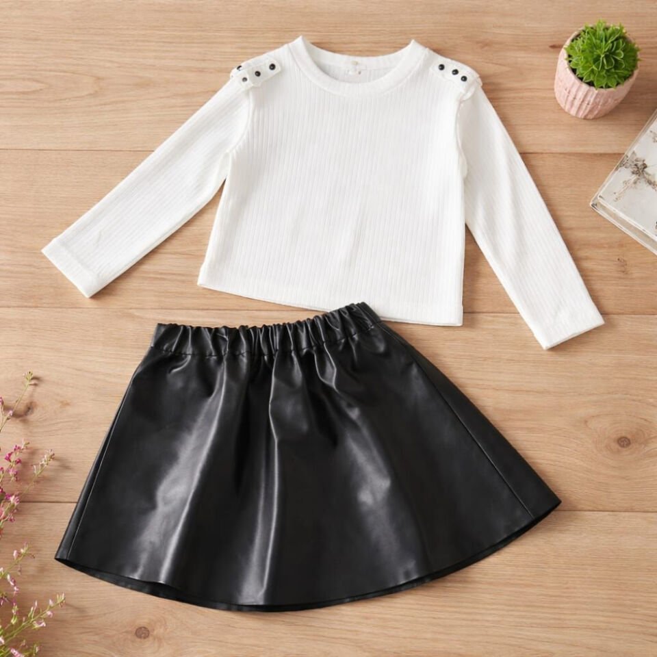 Kız Çocuk Beyaz Bluz & Siyah Deri Görünümlü Etek 2’li Takım