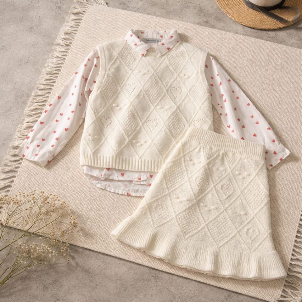 Kız Çocuk Triko Süveterli Gömlek & Triko Etek 3’lü Takım