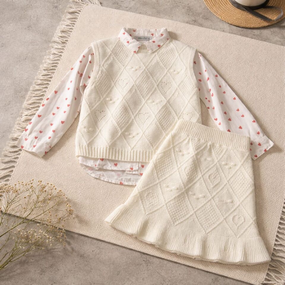 Kız Çocuk Triko Süveterli Gömlek & Triko Etek 3’lü Takım