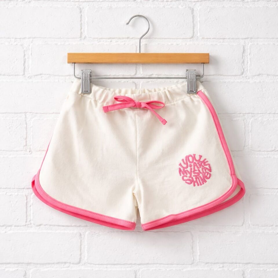 Kız Çocuk Ekru Pembe Detaylı Spor Şort