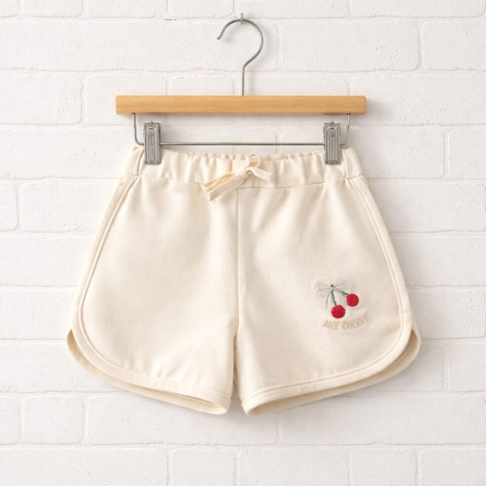 Kız Çocuk Ekru Kiraz Nakışlı Spor Şort