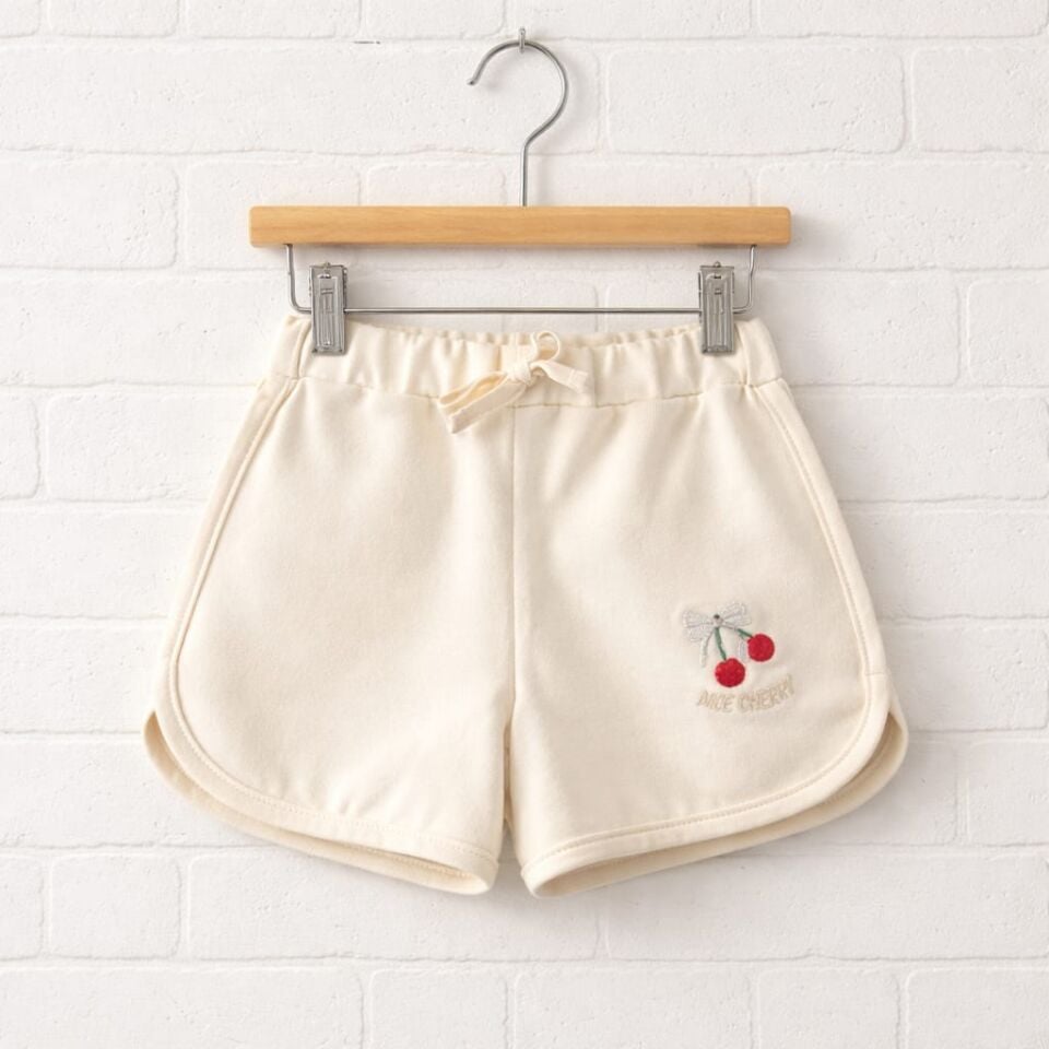 Kız Çocuk Ekru Kiraz Nakışlı Spor Şort