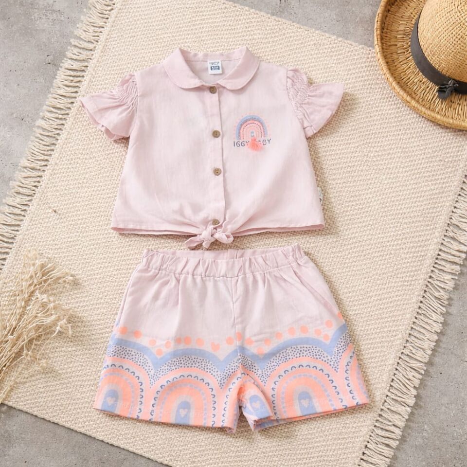 Kız Çocuk Pudra Gökkuşağı Desenli Yazlık Şort Takım