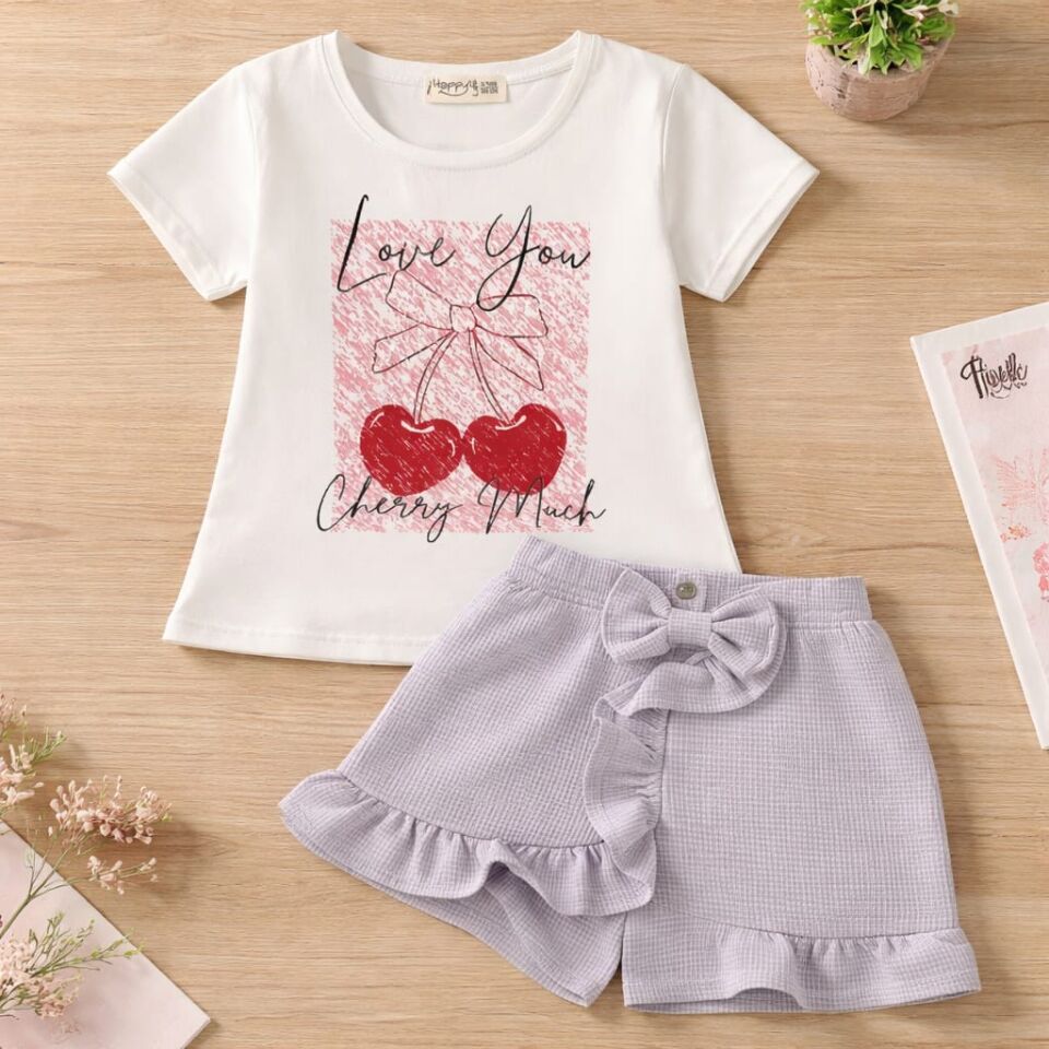 Kız Çocuk Kiraz Baskılı Fırfırlı Şort Takım