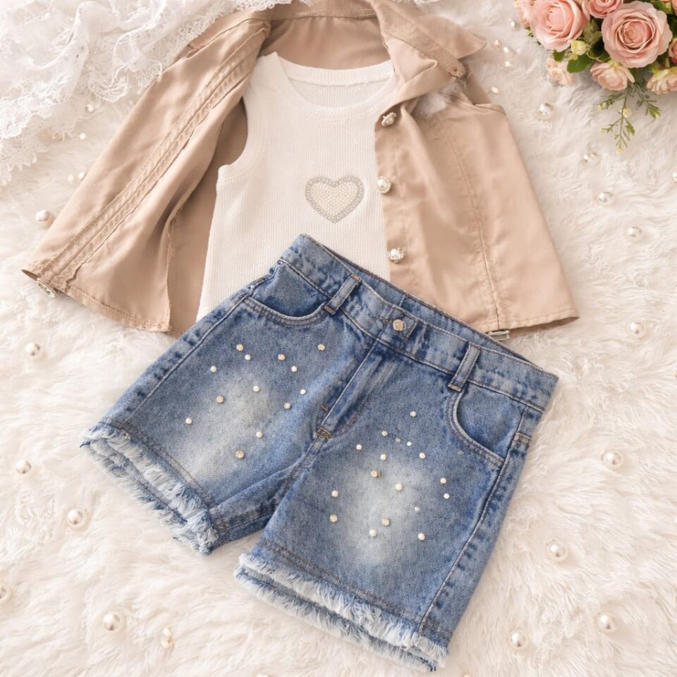 Kız Çocuk İnci Detaylı Kot Şortlu 3’lü Şık Takım