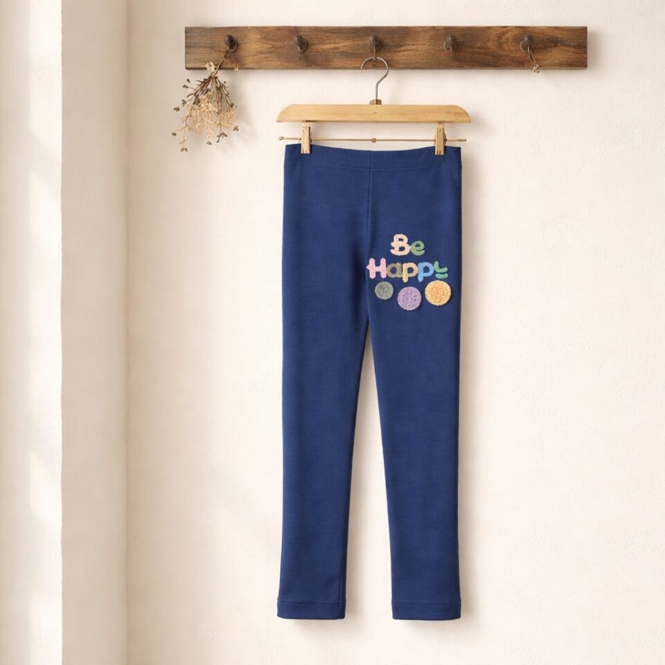 Kız Çocuk “Be Happy” Baskılı Lacivert Tayt