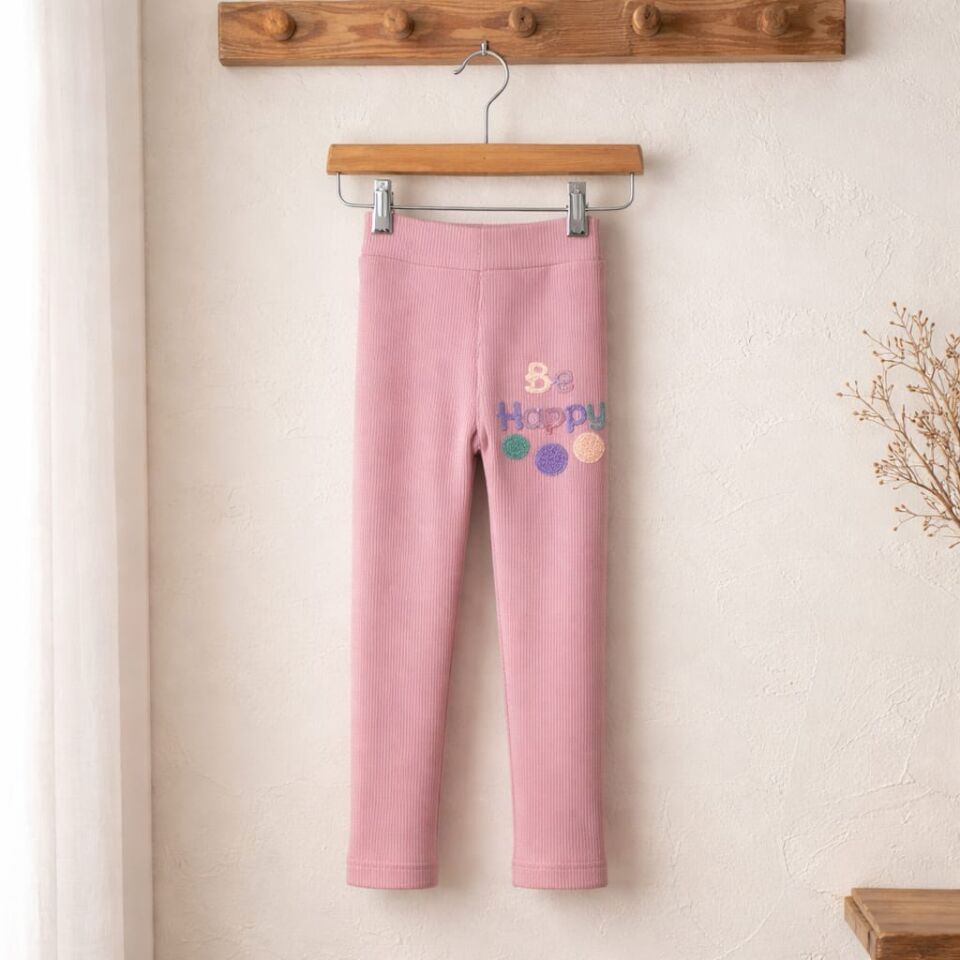 Kız Çocuk “Be Happy” Baskılı Pembe Tayt