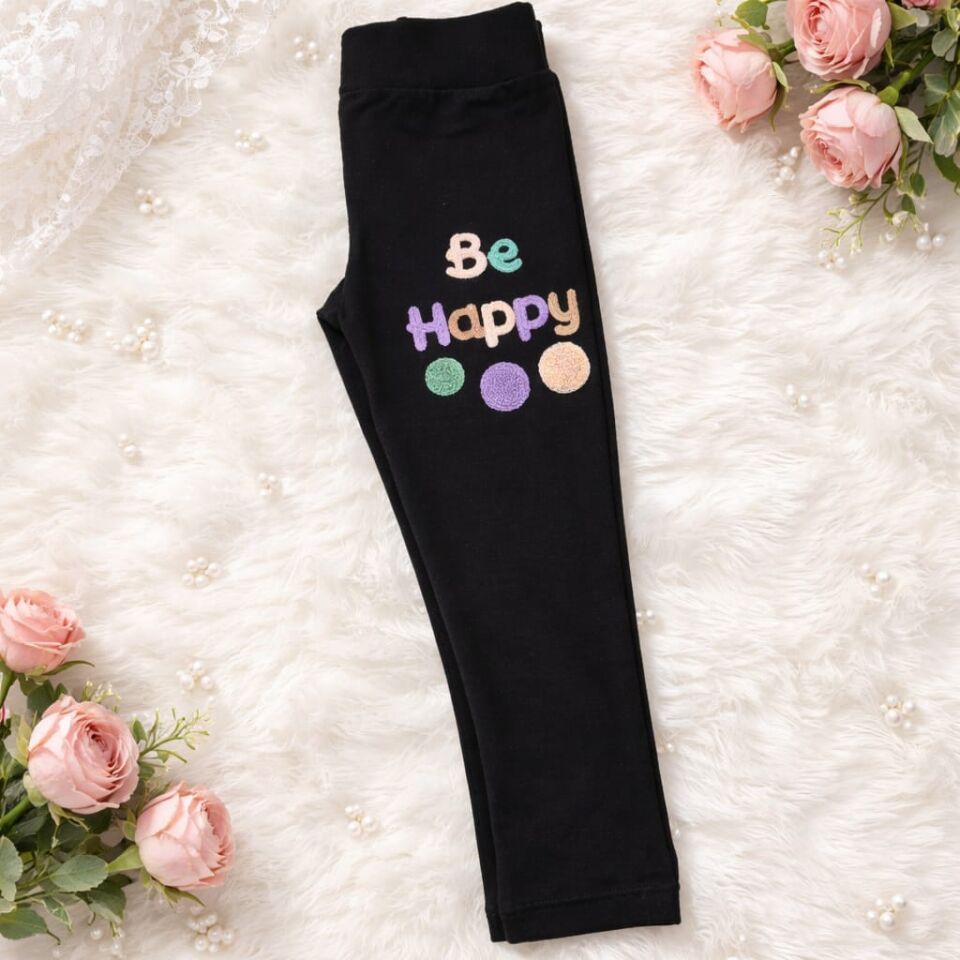Kız Çocuk Be Happy Baskılı Siyah Tayt
