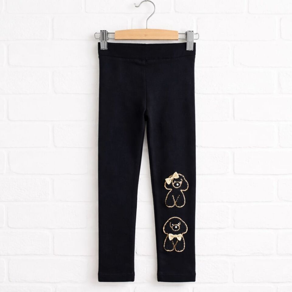 Kız Çocuk Siyah Köpek Aplikeli Tayt