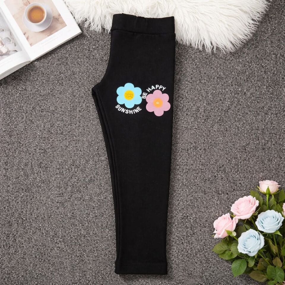 Kız Çocuk  - Sunshine Be Happy - Baskılı Siyah Tayt
