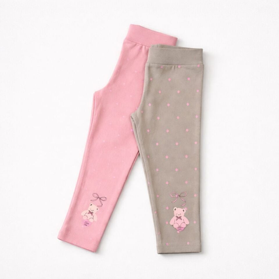 Kız Çocuk Ayıcık Desenli Puantiyeli Tayt Seti