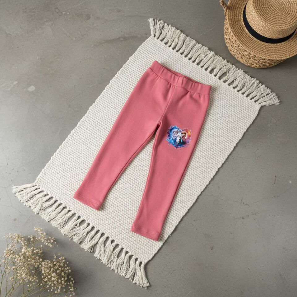 Frozen Motifli İçi Pamuklu Kız Çocuk Tayt (Pembe & Yeşil)