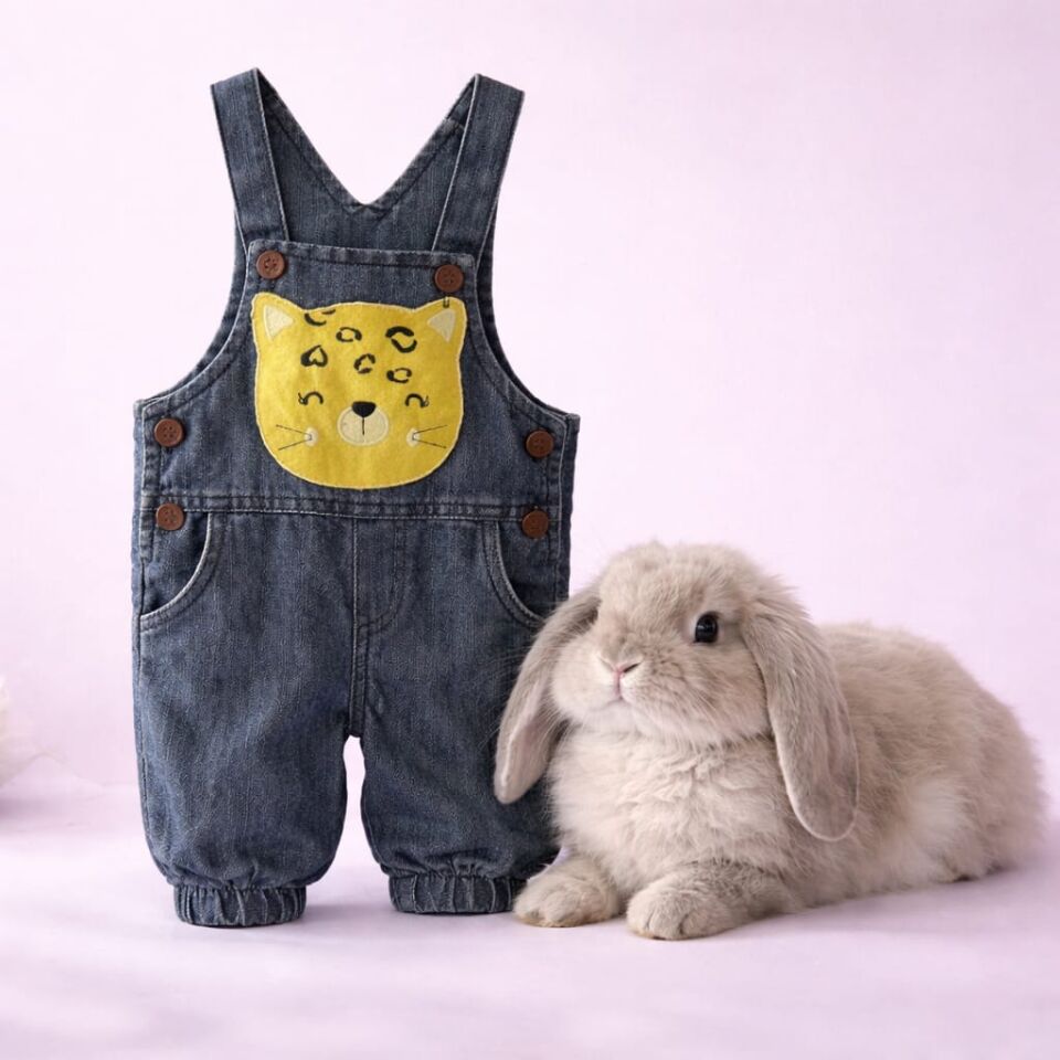 Sevimli Leopar Detaylı Bebek Kot Salopet