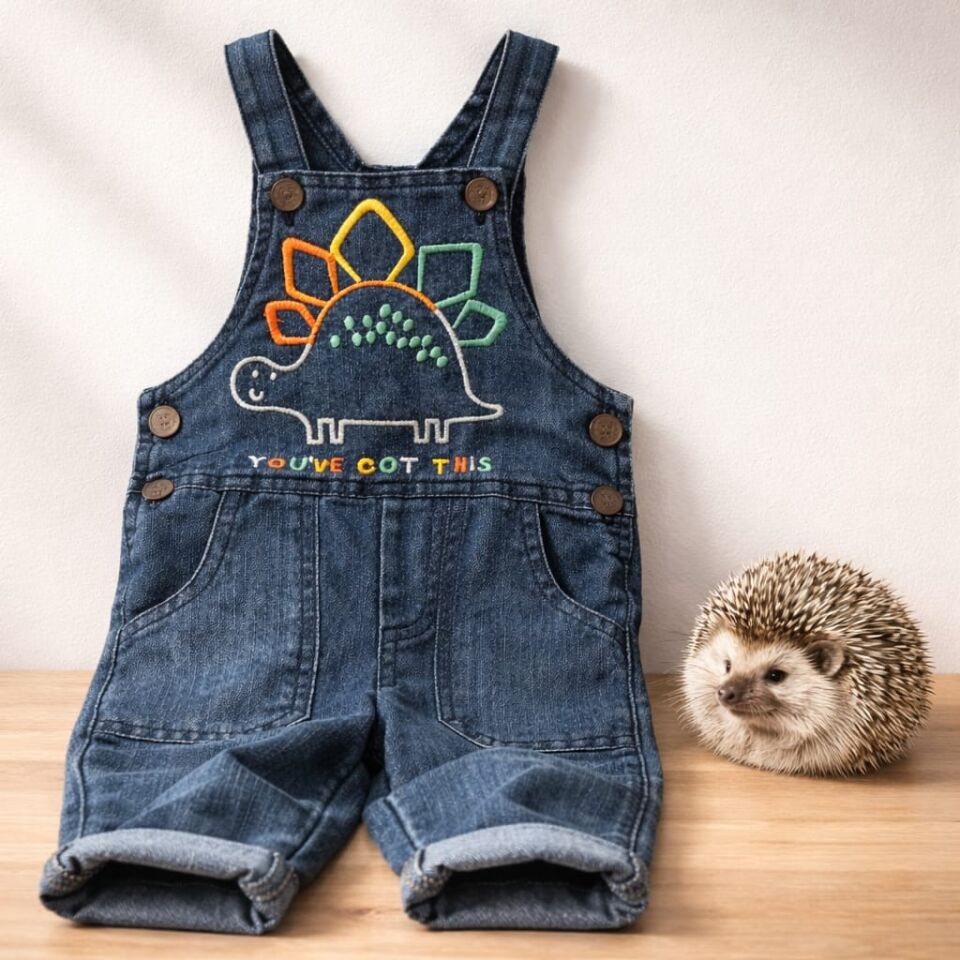 Dinozor Nakışlı Kot Salopet Bebek Tulum