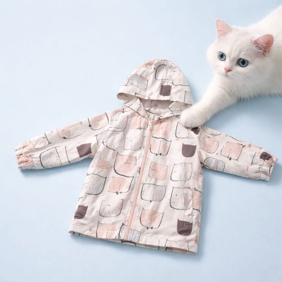 Kedi Desenli Kapüşonlu Bebek Yağmurluk