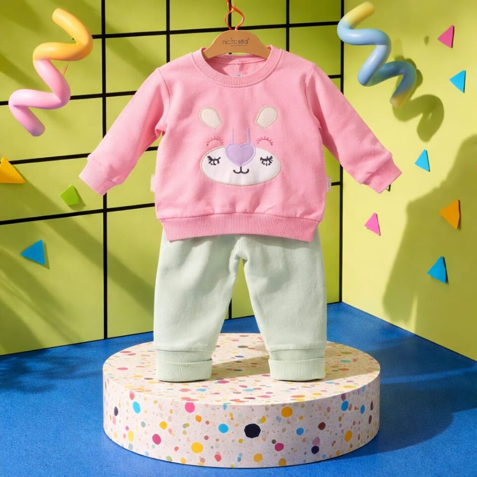 Tavşan Figürlü Pembe Bebek Takımı