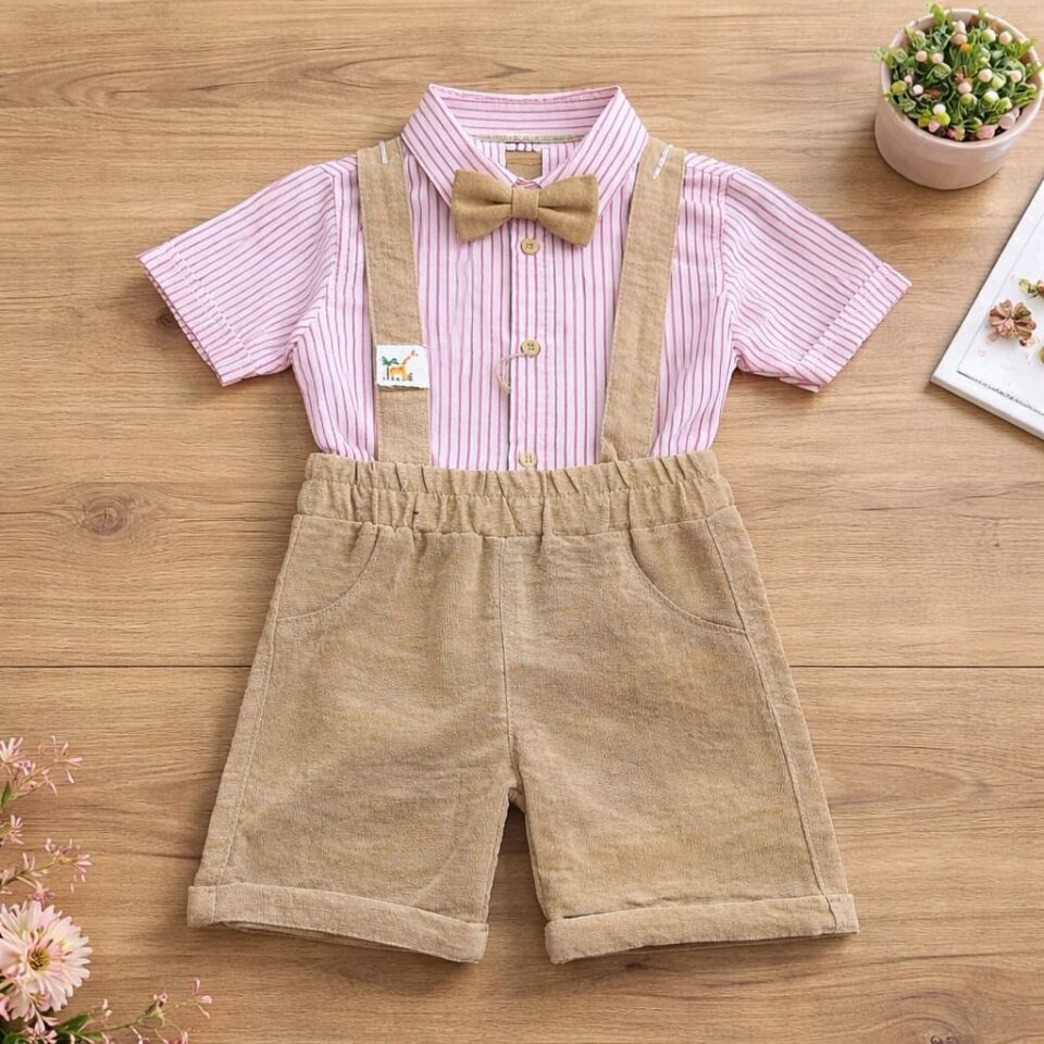 Papyonlu Askılı Erkek Bebek Şort Takımı – Pembe Çizgili