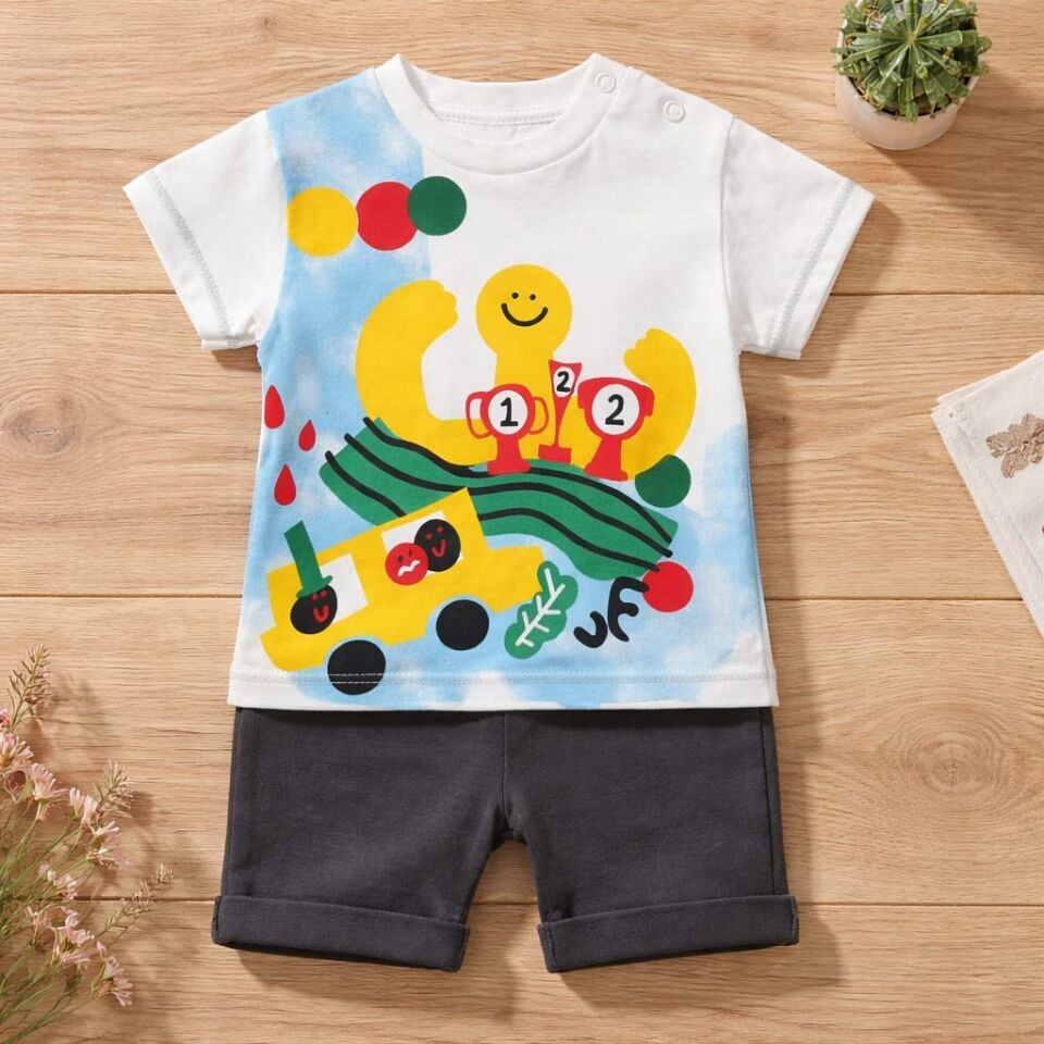 Eğlenceli Baskılı Bebek Yazlık Şort Takımı