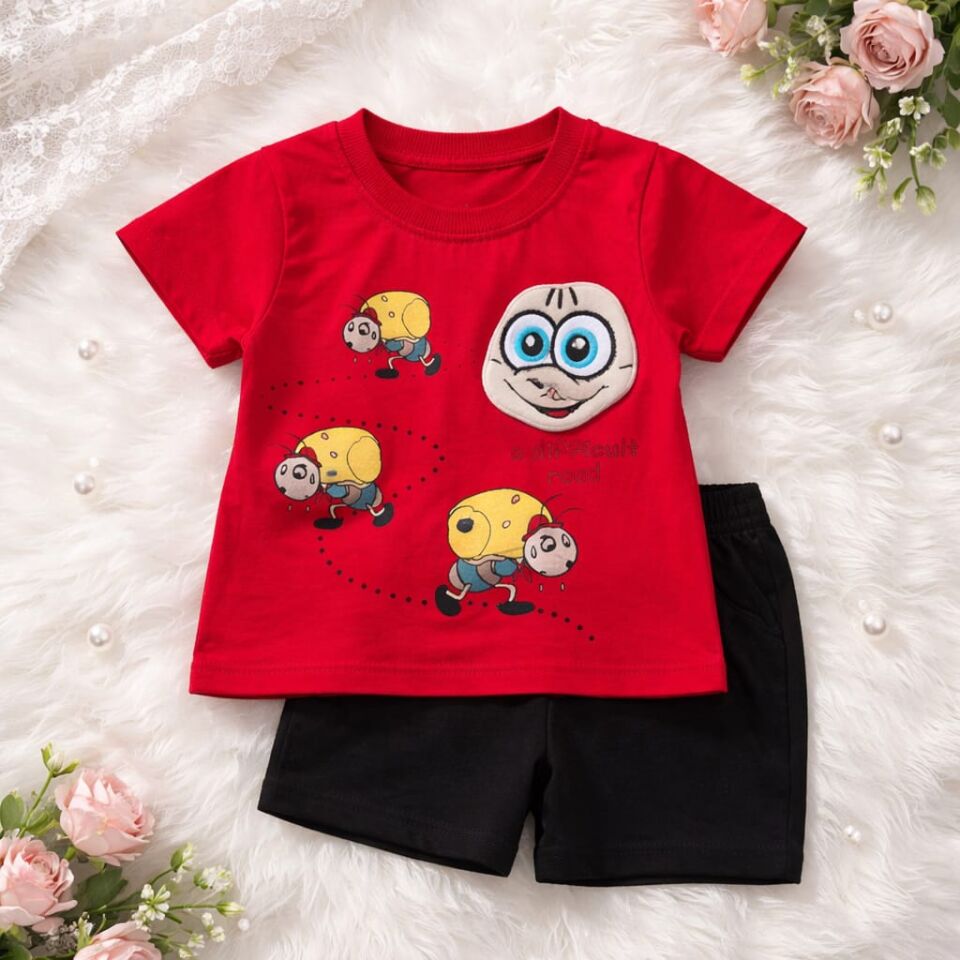 Karınca Baskılı Kırmızı Bebek Yazlık Takım