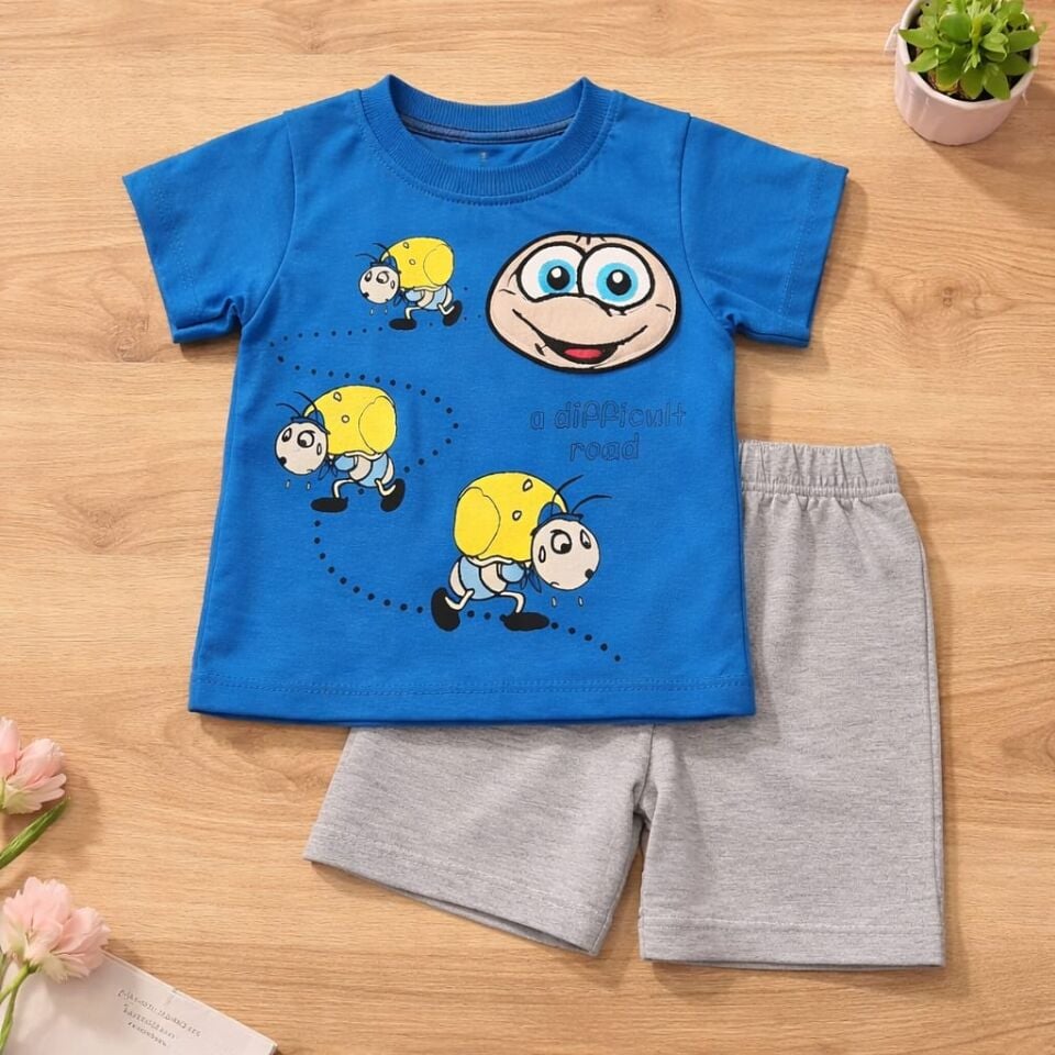 Karınca Baskılı Mavi Bebek Yazlık Takım
