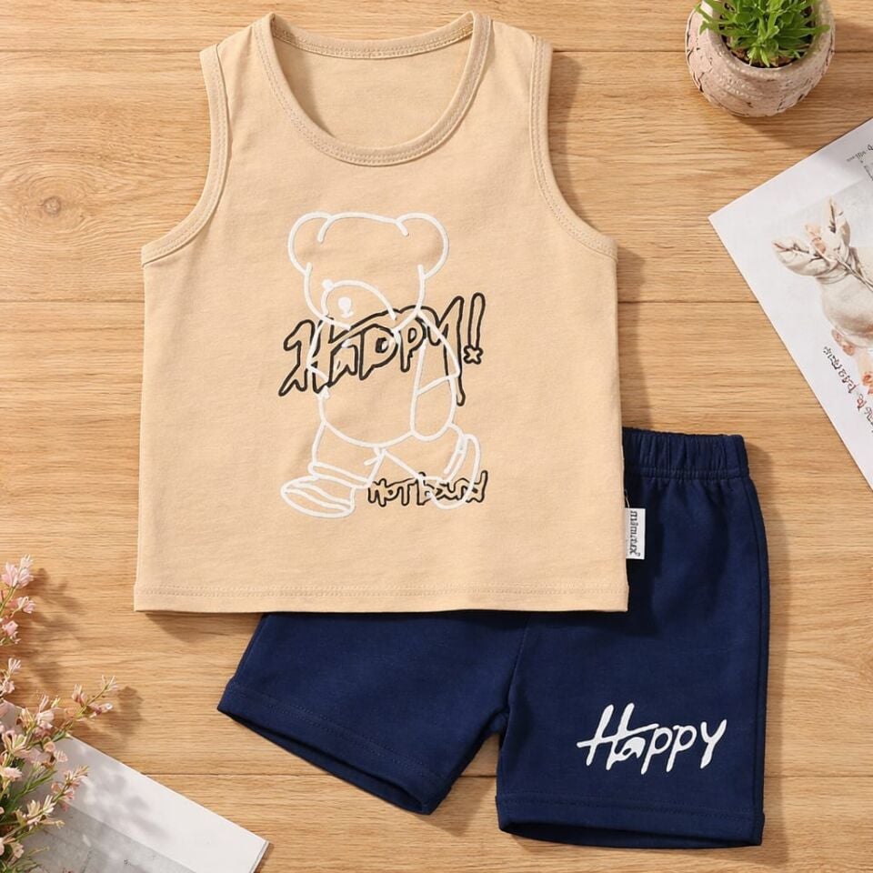 Happy Ayıcık Baskılı Atlet Şort Bebek Takımı – Bej Lacivert