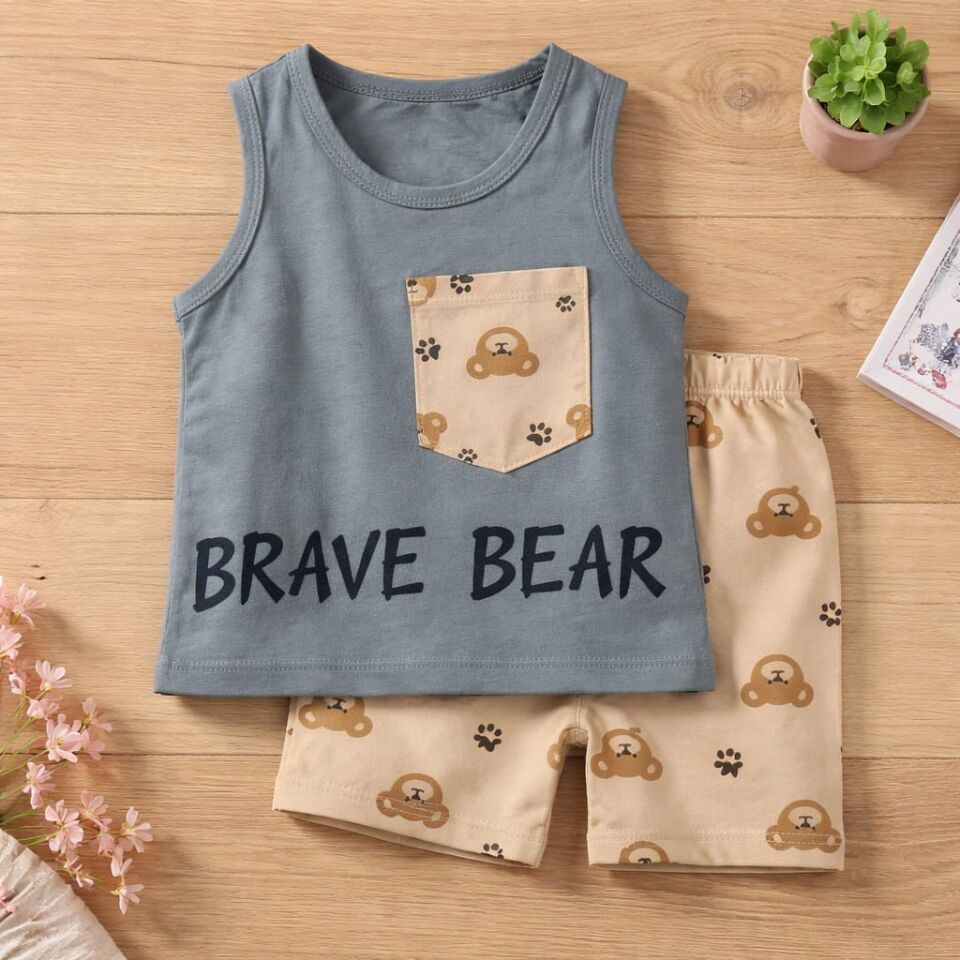Brave Bear Cepli Atlet Şort Bebek Takımı – Gri Bej