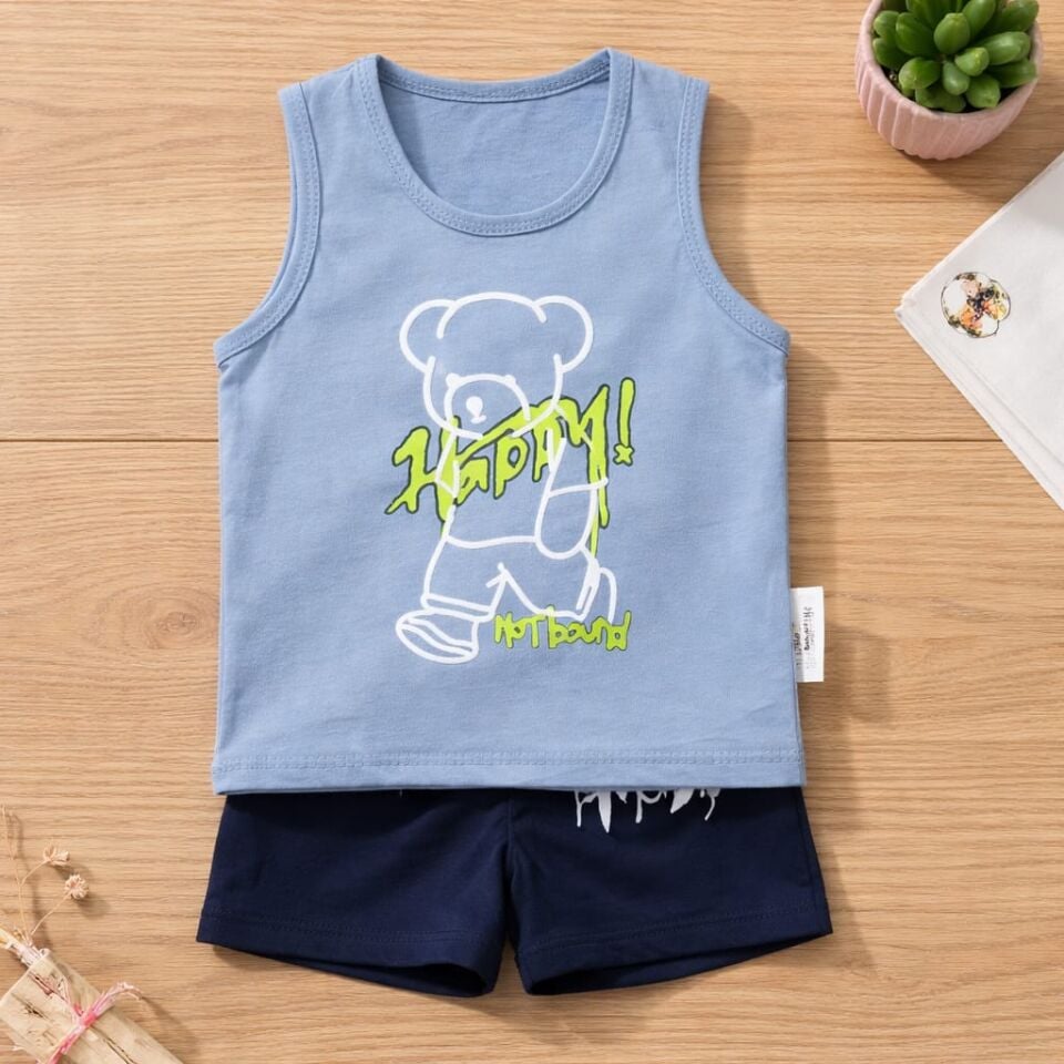 Happy Neon Baskılı Atlet Şort Bebek Takımı – Mavi Lacivert