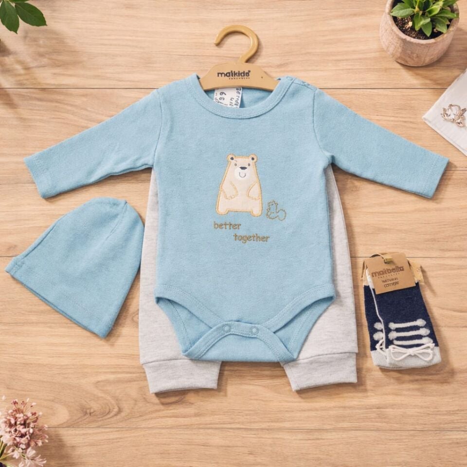 Better Together Ayıcık Baskılı 4’lü Bebek Takımı – Mavi Gri